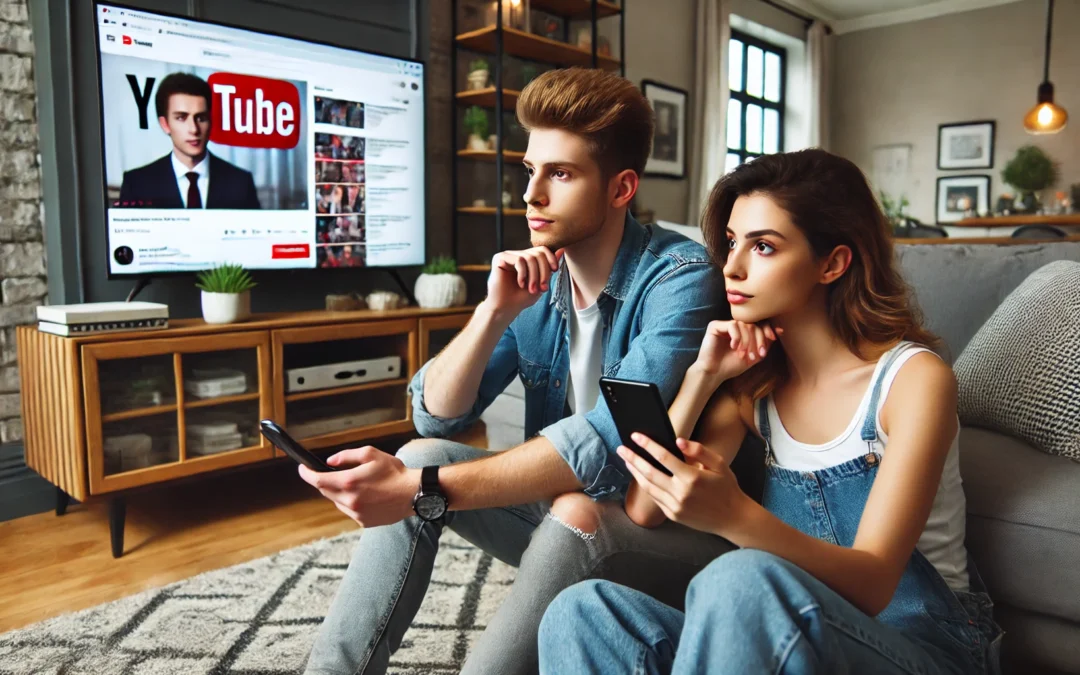 A young couple sitting in their living room watching television. They are watching YouTube videos about news on the TV screen. One of them is also wat