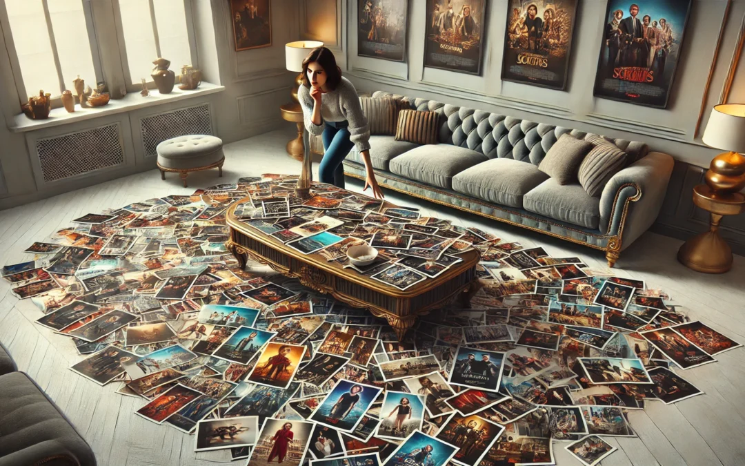 An image of hundreds of photos of TV shows, movies, and series episodes scattered randomly on a beautiful coffee table in a stylish and modern living