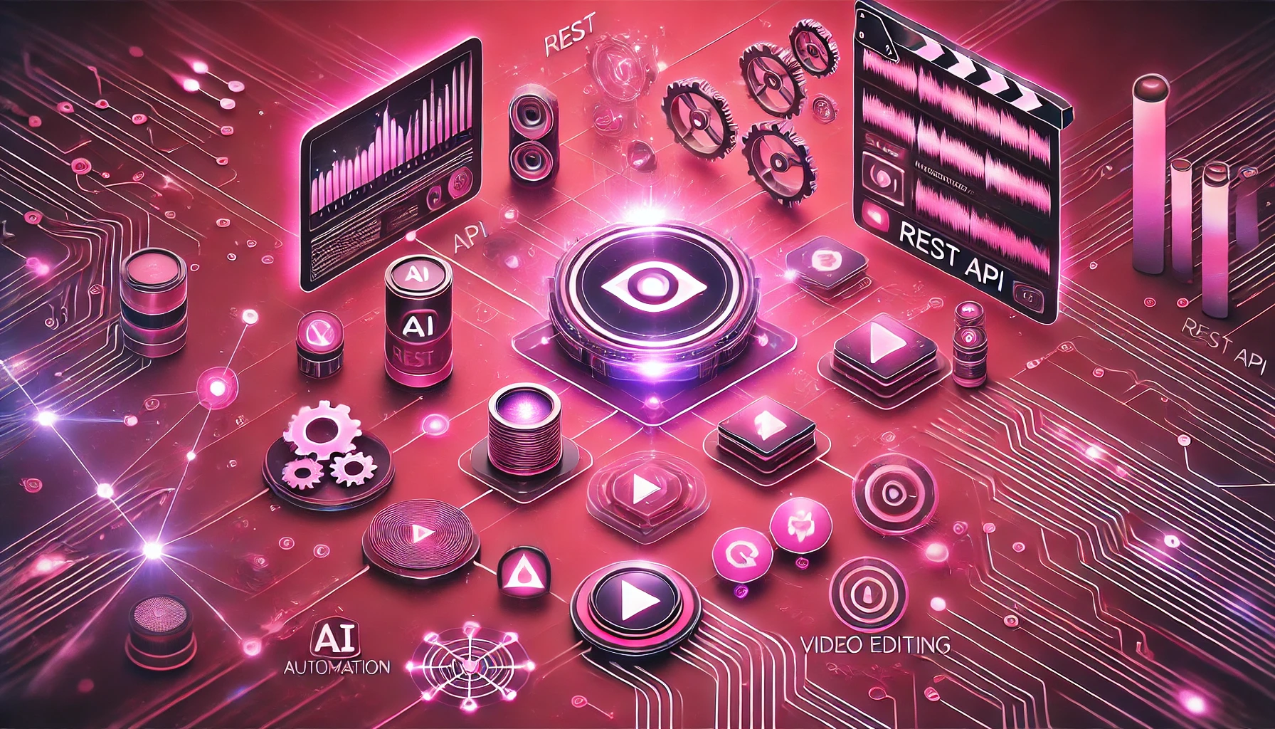 A visually stunning representation of a REST API offering AI automation features for video workflows with a vivid pink hue.