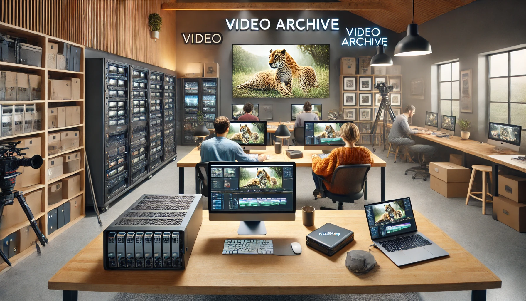 A wide angle view of a cozy open space in an audiovisual production company. The room includes two 4K cameras and a large storage server